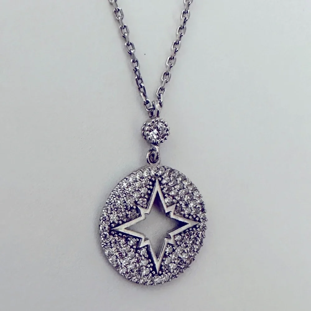925 Silver necklace compass star clear cubic zirconia cz stones